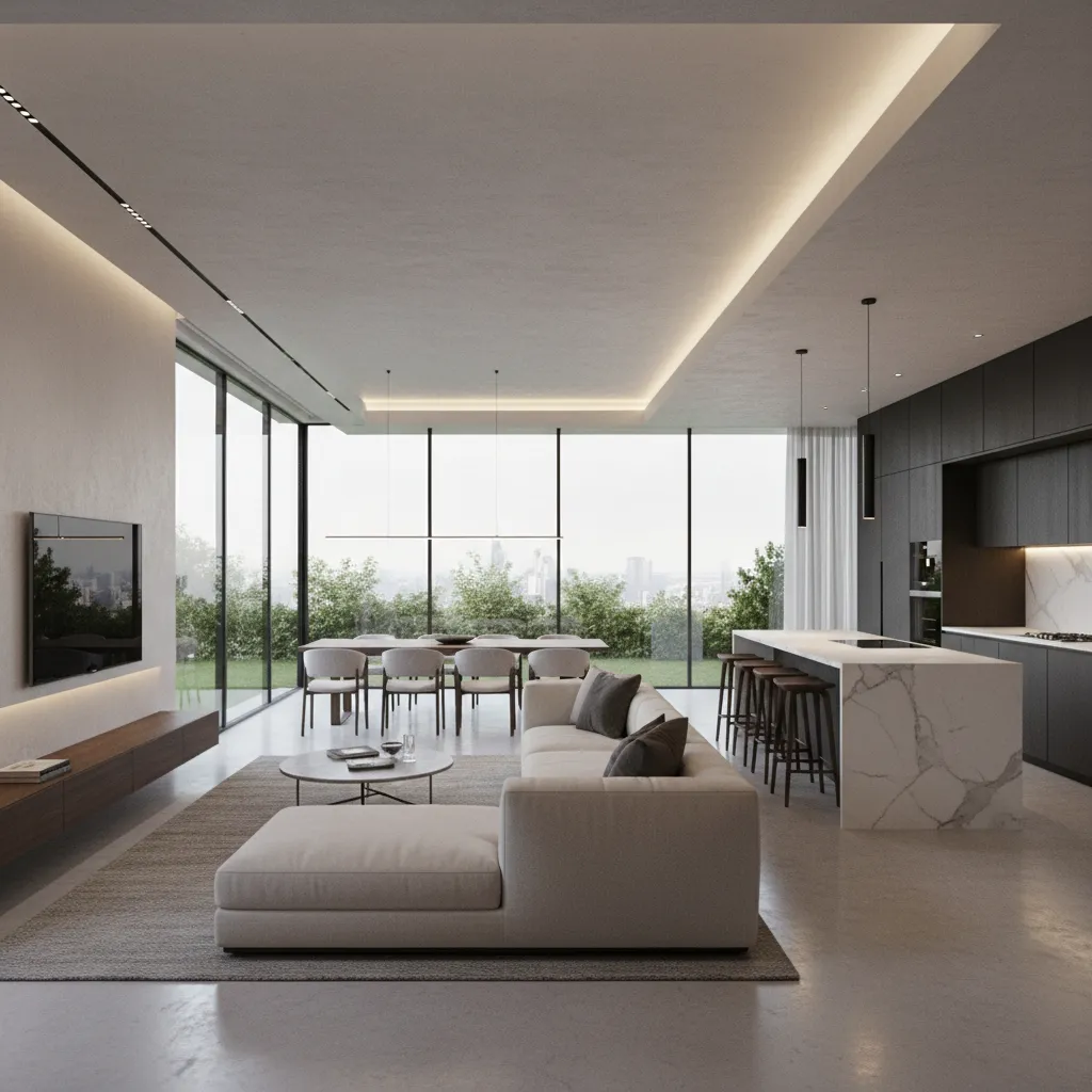 Vista 3D de una casa virtual con salón, cocina y comedor conectados