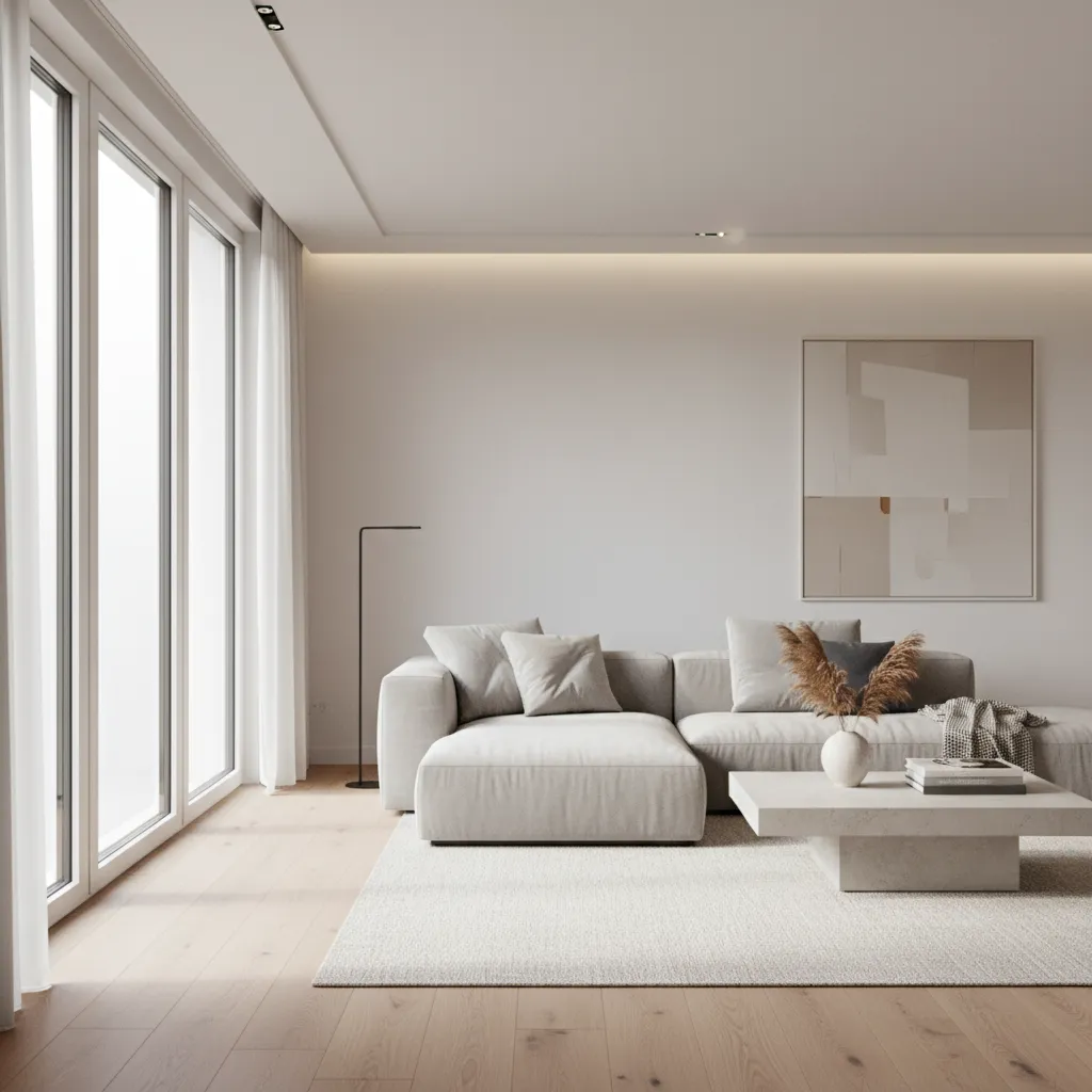 Visualización 3D realista de una sala moderna diseñada digitalmente