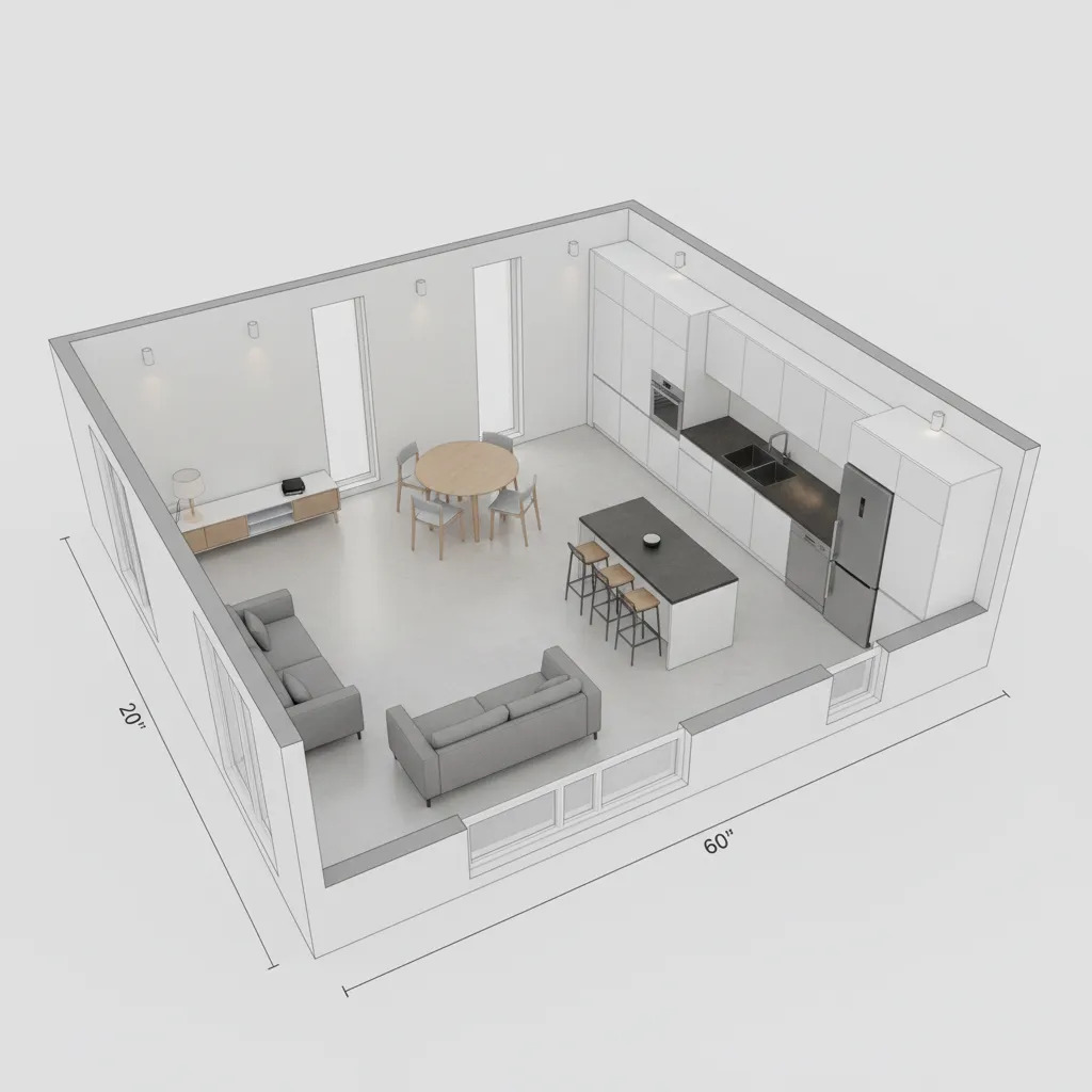 3D visualization of furniture placement in a narrow 20x60 house layout