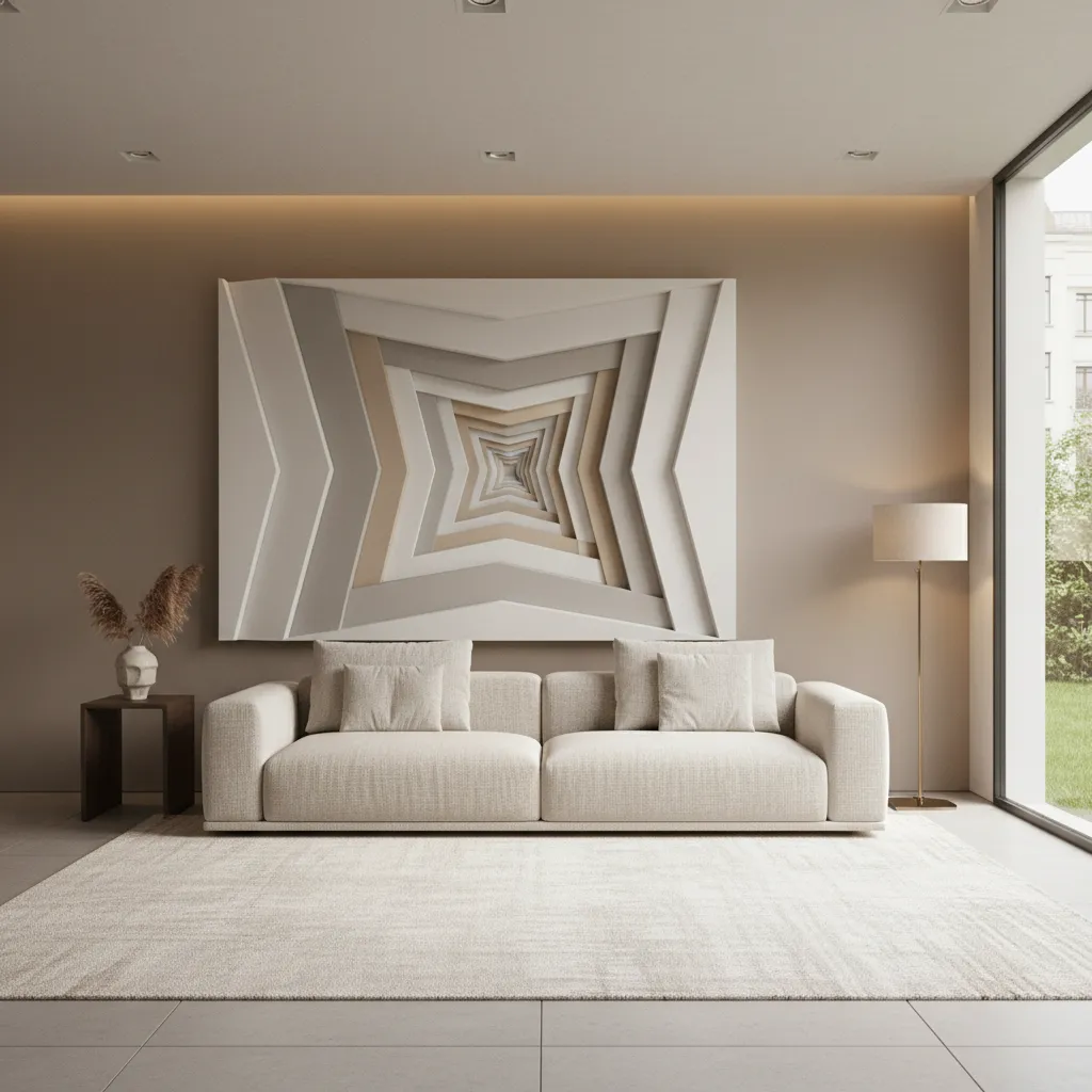 Large geometric 3D wall art placed proportionally above a living room sofa