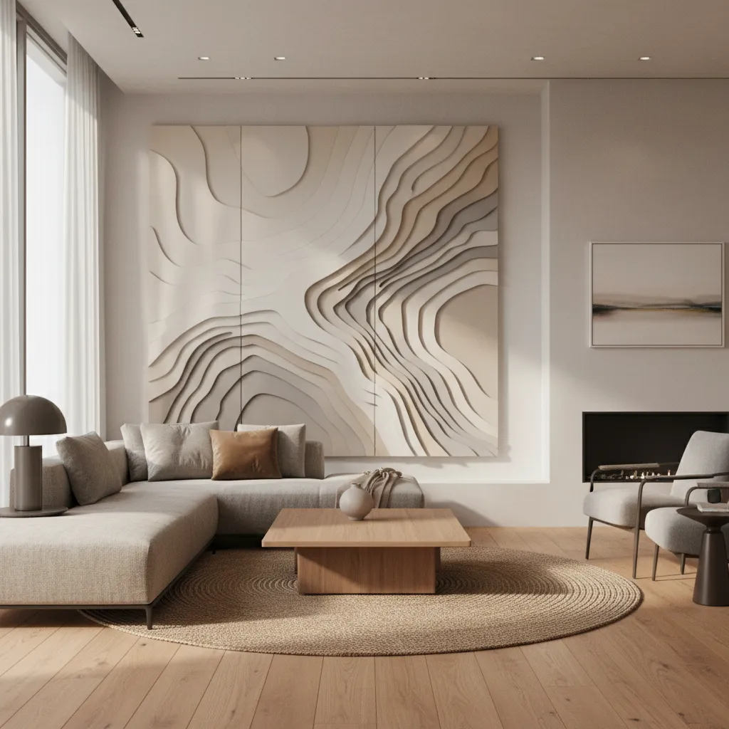 Stylish living room with dimensional wall art creating shadow and depth