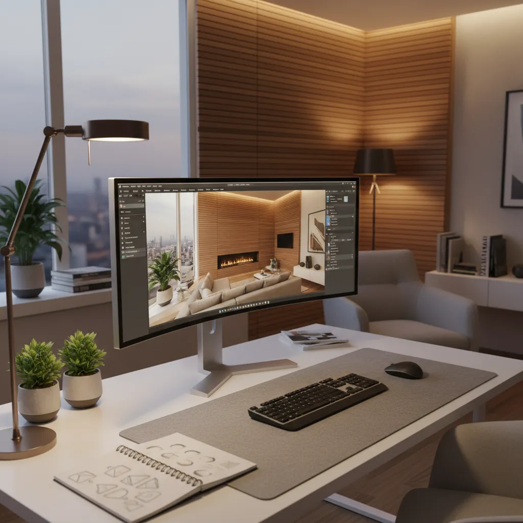 visualización digital de diseño interior con pared de madera