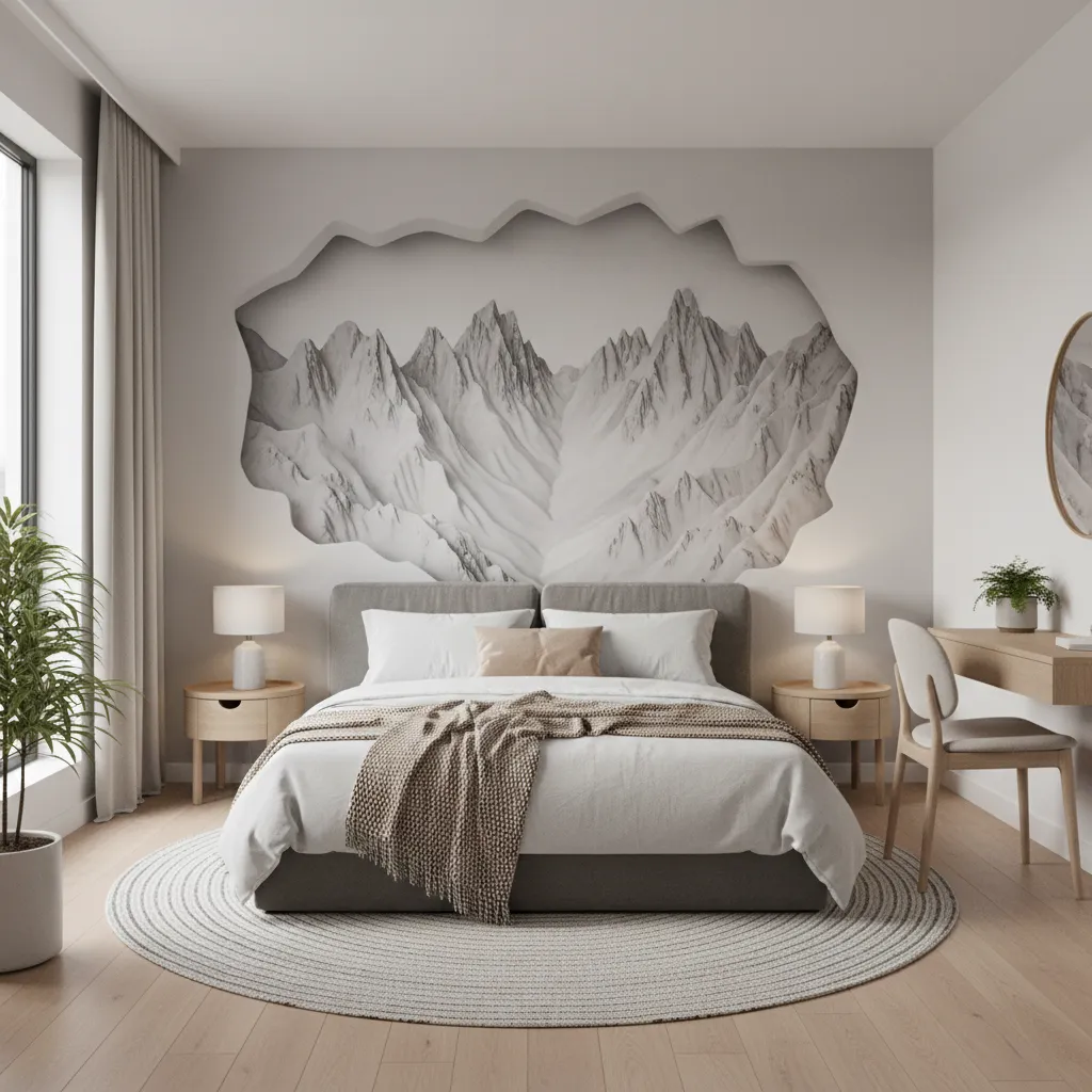 Bedroom with 3D wall mural behind bed creating visual focal point