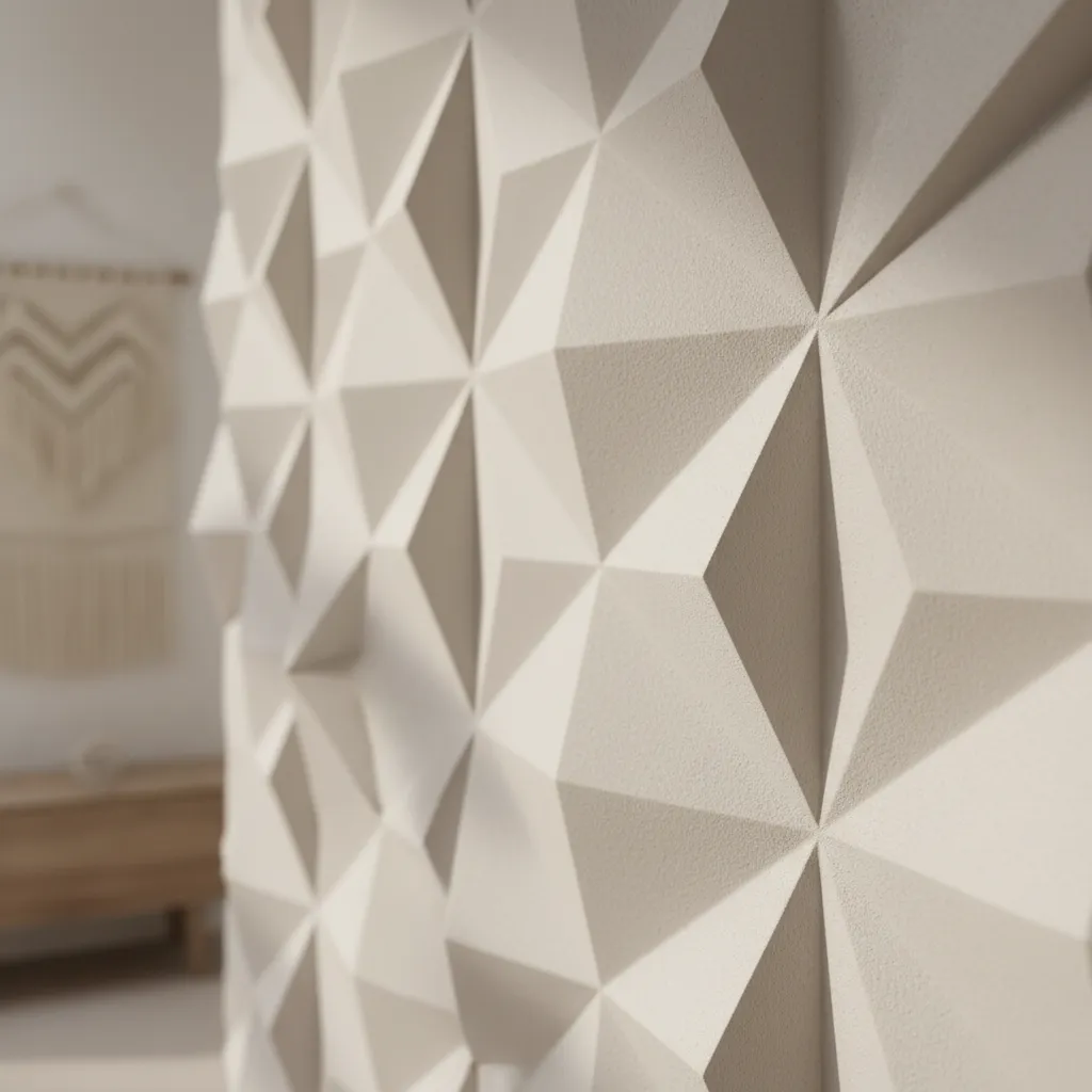 Detalle de panel decorativo 3D instalado en una pared interior