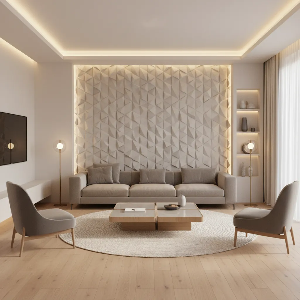 Living hall interior featuring geometric 3D wallpaper accent wall behind sofa