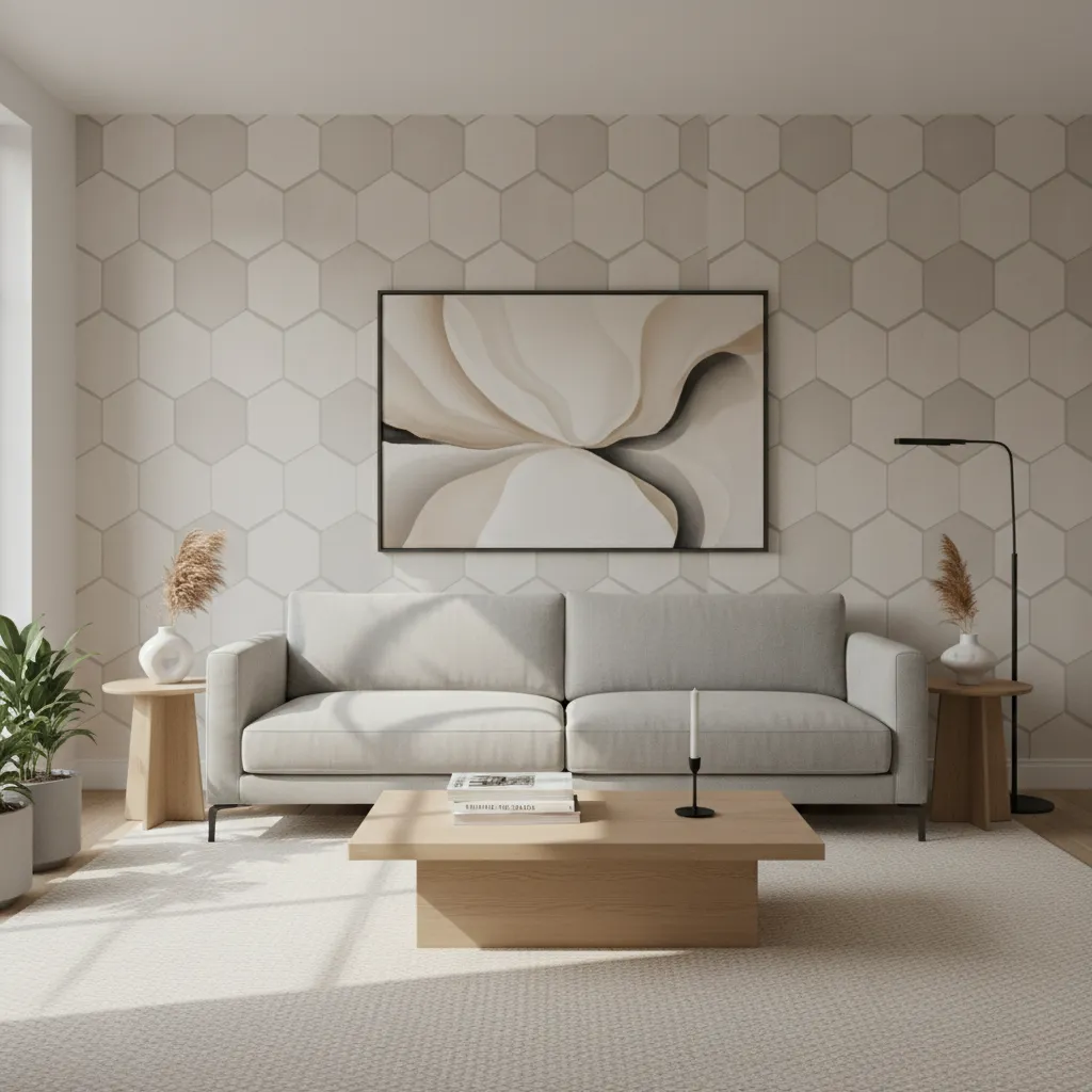 Living room with sofa placed against a modern 3D wallpaper accent wall