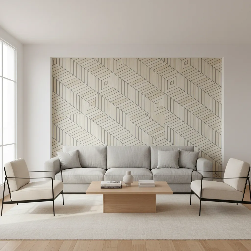 Minimalist living room with grey sofa, wooden table, two chairs, and geometric pattern wall design