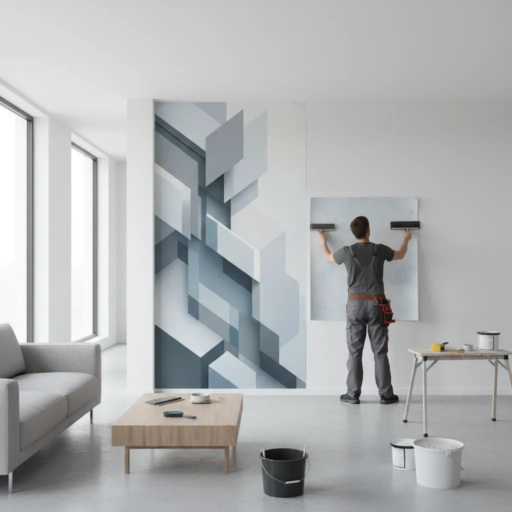 Worker applying blue 3D wallpaper in a living room with sofa and wooden coffee table