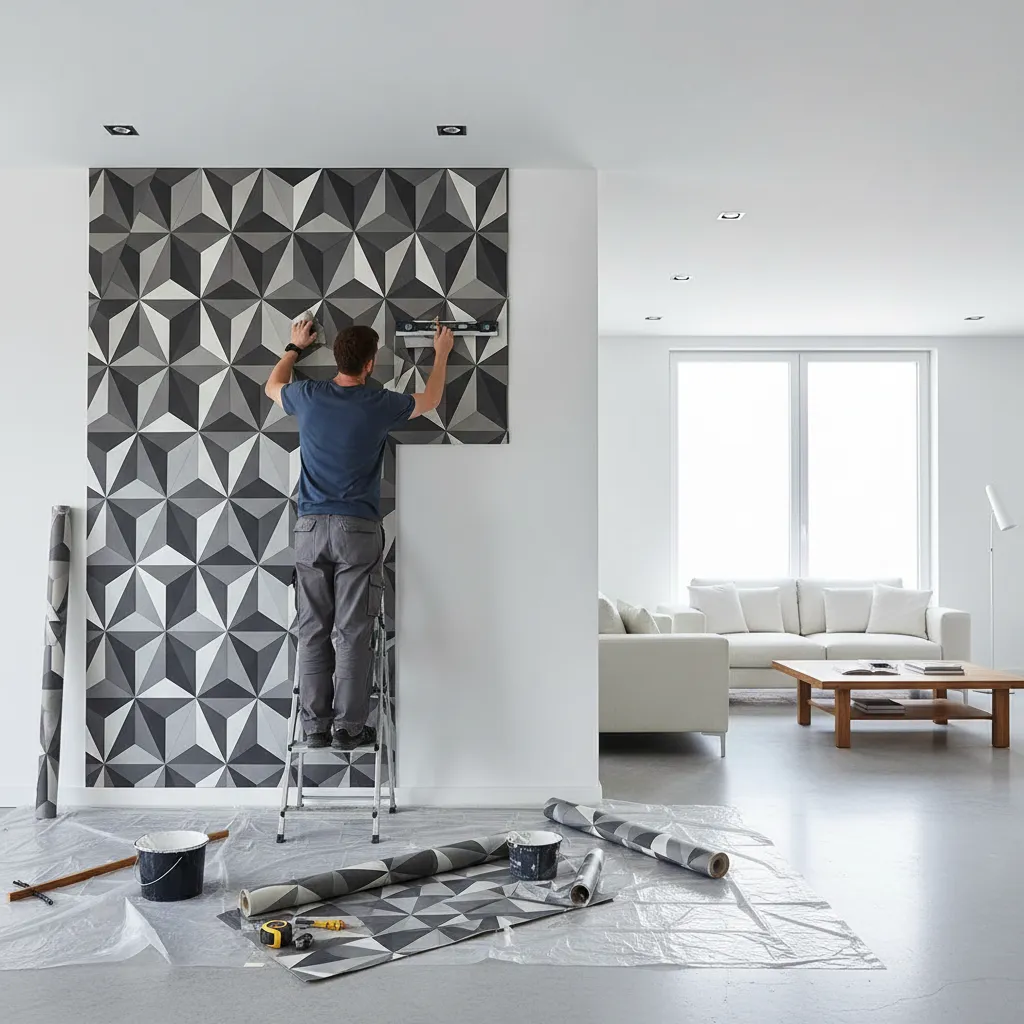 professional installing 3D wallpaper on living room wall