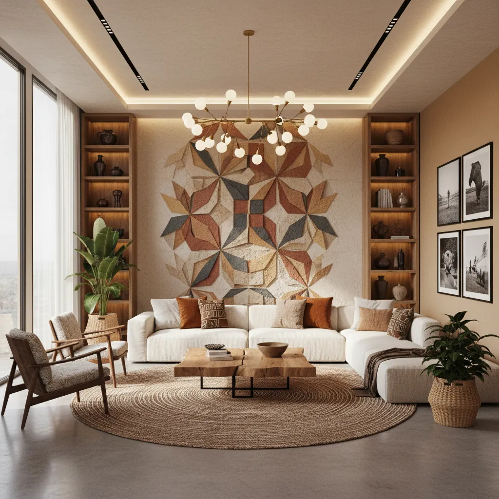 Living room with geometric wall art, white sofa, wooden table, round rug, and ceiling light