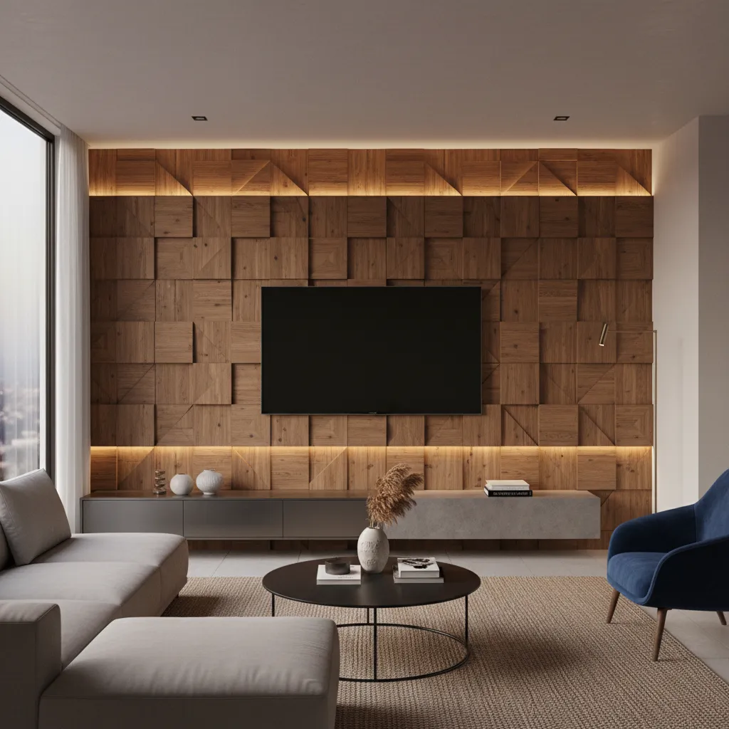 3D wooden wall tiles installed behind TV in modern living room