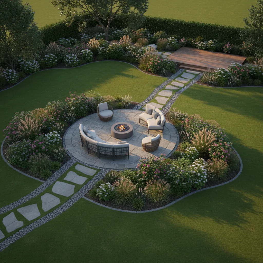 3D visualization of a backyard landscape layout with patio and garden beds