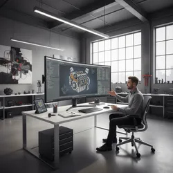 Man sitting at an office desk using a large curved screen showing complex 3D engine