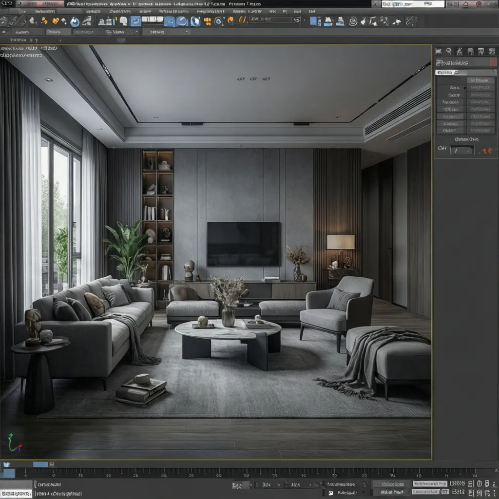 3ds Max interior scene with gray materials indicating missing textures
