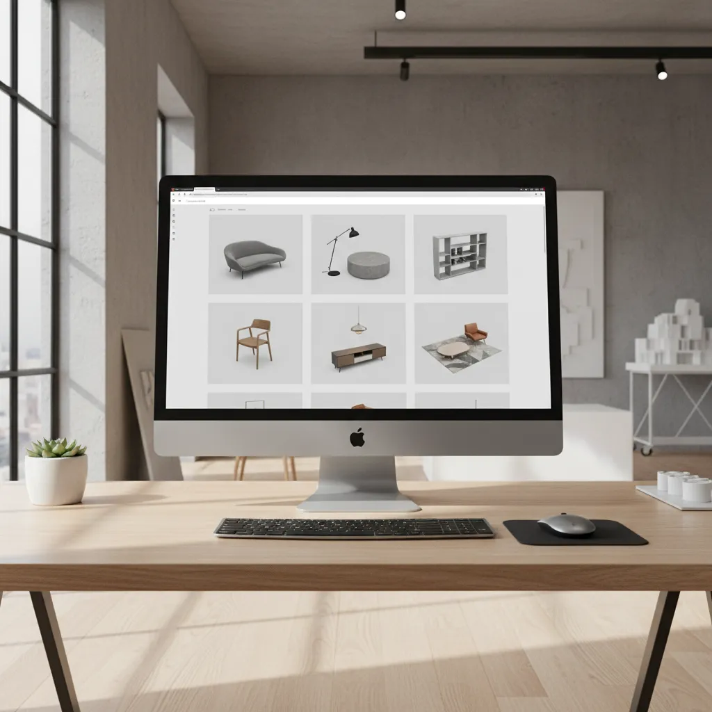 Computer screen displaying a 3D model library with furniture assets ready for download