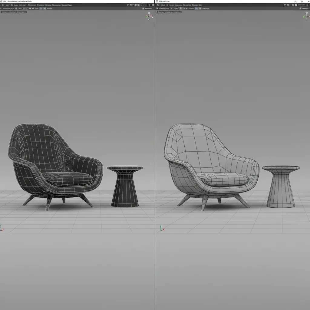 Comparison showing high poly and reduced poly 3D furniture model