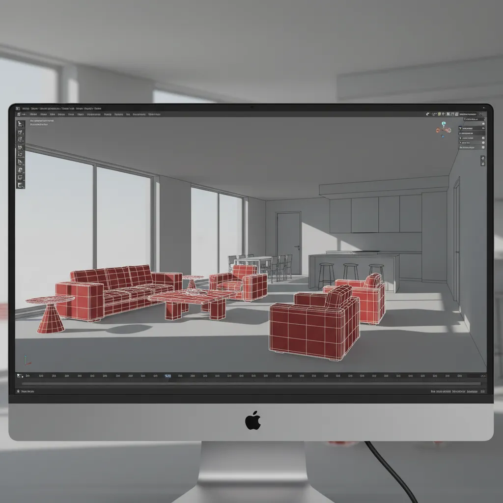 3ds Max viewport showing proxy furniture objects displayed as bounding boxes