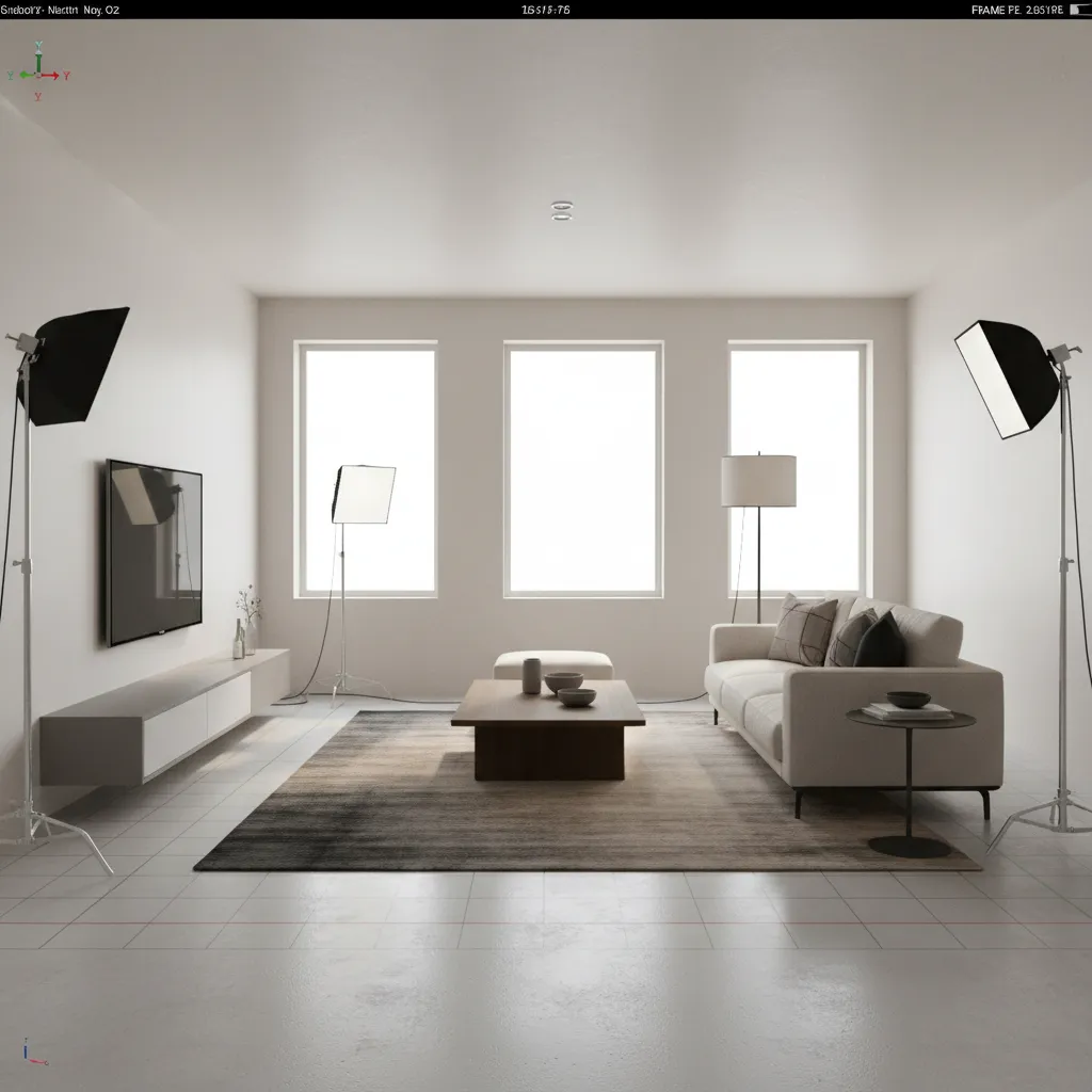 3D interior scene displayed inside 3ds Max viewport with lighting and geometry visible