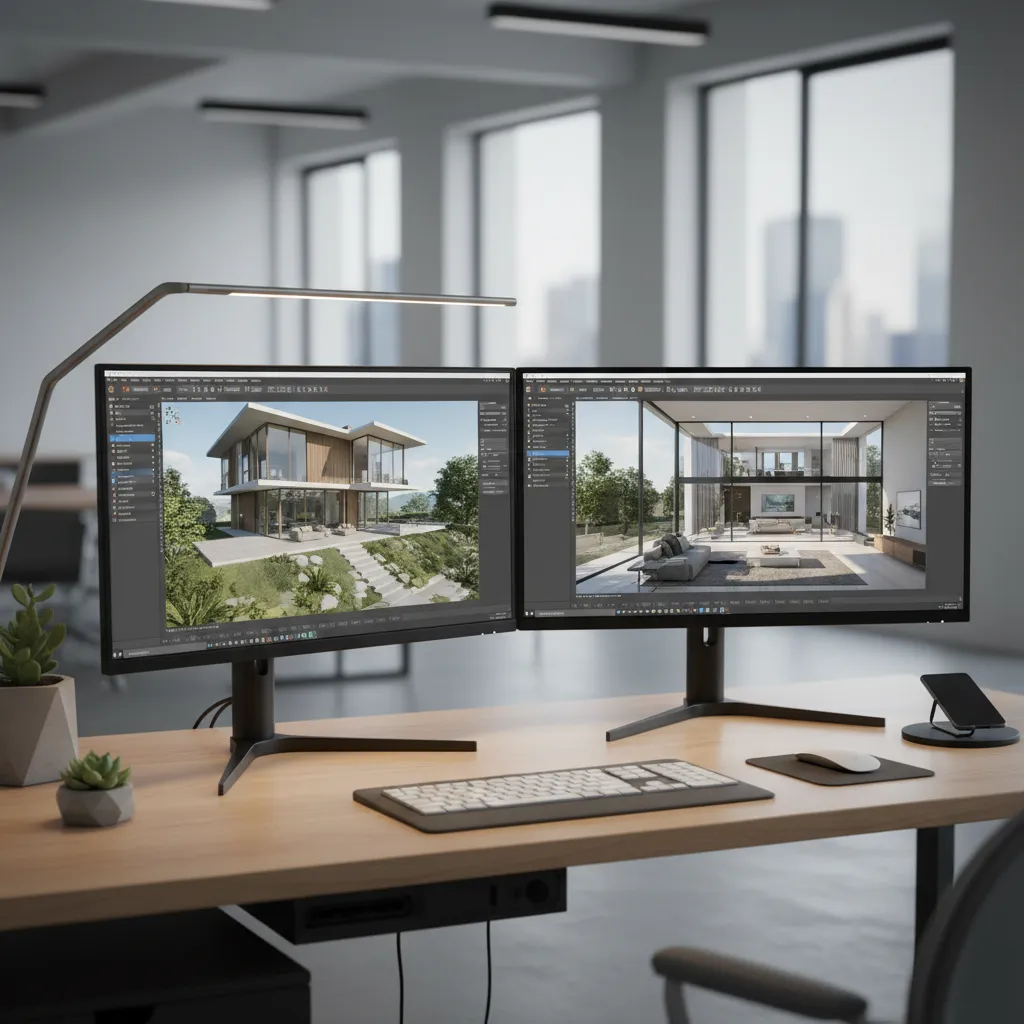 Designer working in 3ds Max interface preparing a scene for rendering