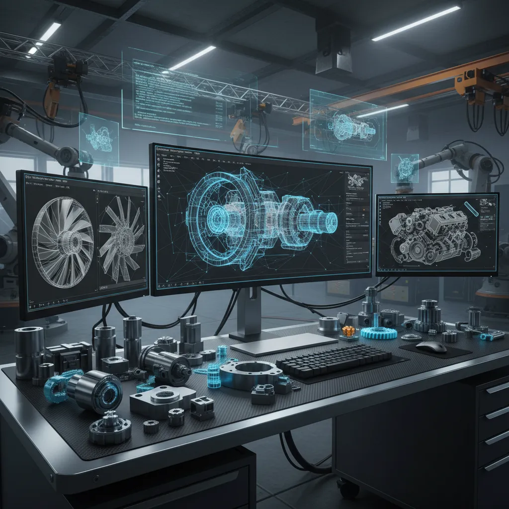 Computer screens showing machine interior design drawings with mechanical parts on a desk in workshop