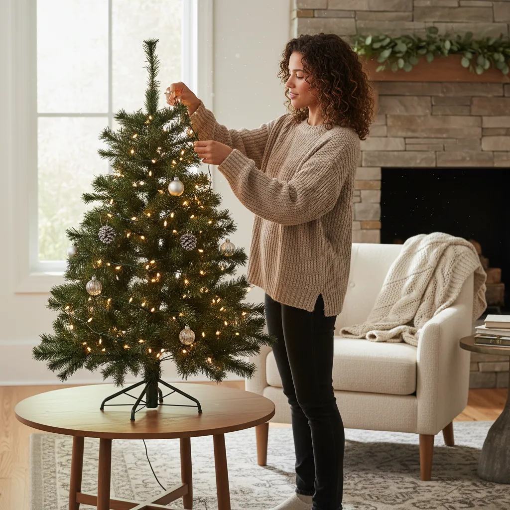 Decorating a small 3ft Christmas tree with string lights before adding ornaments