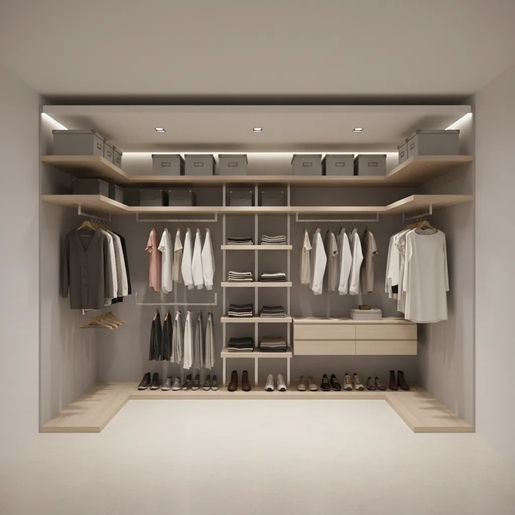 visual diagram style render of efficient 3x3 closet layout design
