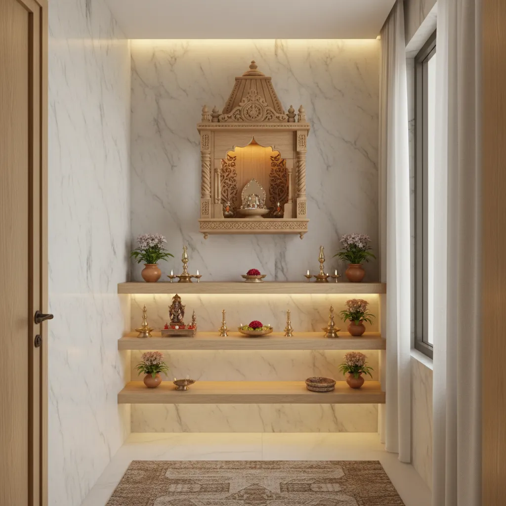 Compact 3x3 feet pooja room design with wall mounted mandir
