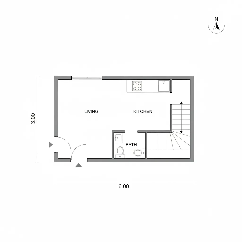 Coohom 2D floor plan layout including living room kitchen small bathroom and a wooden staircase