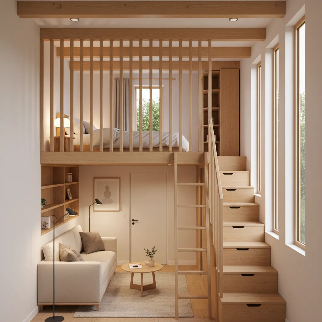 Tiny apartment with wooden loft bed, storage stairs, white sofa, coffee table, and wood ladder