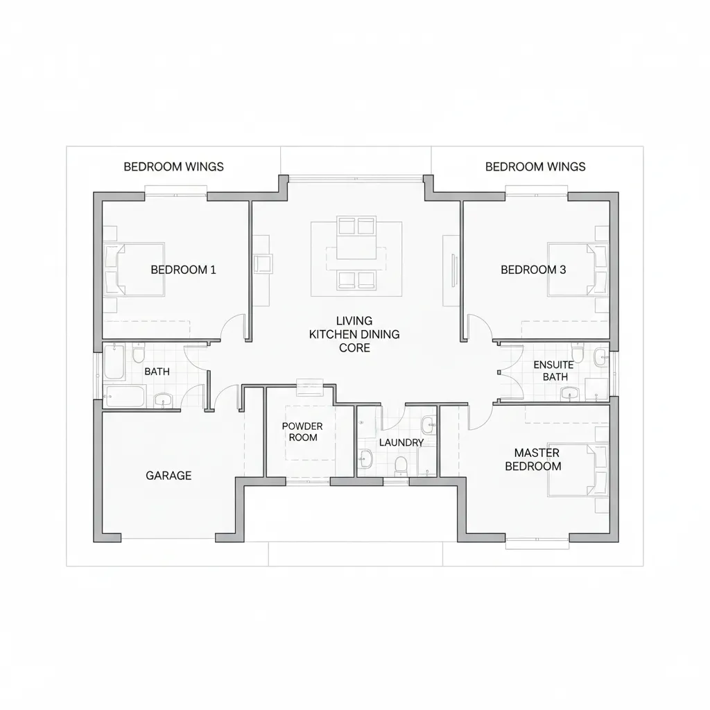 Modern 4 bedroom floor plan zoning layout separating private and shared spaces
