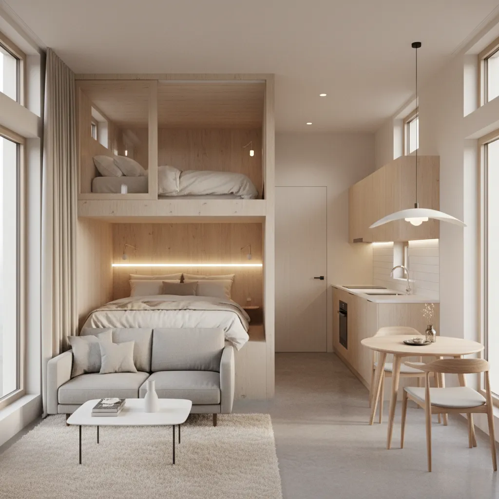 Interior of a 400 sq ft tiny house with defined living and bedroom areas