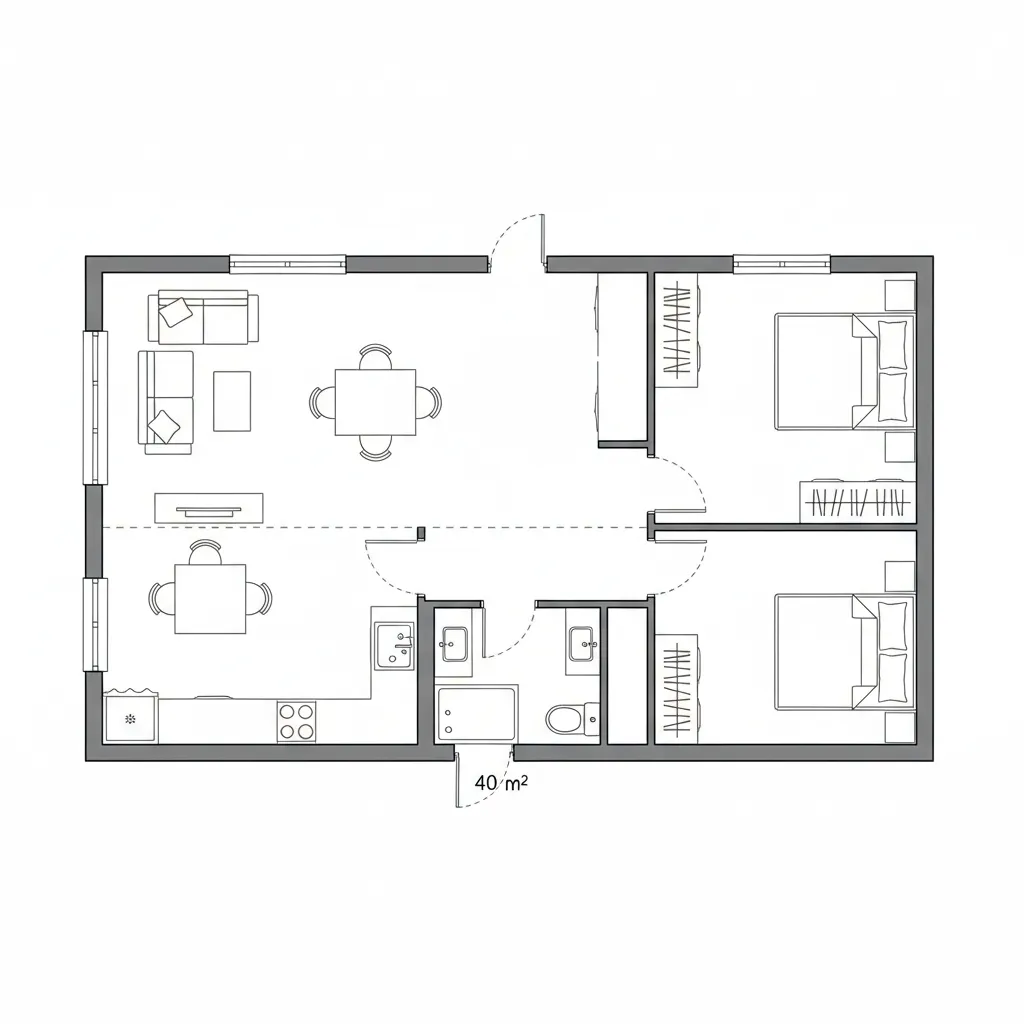 Sơ đồ bố trí mặt bằng nhà 40m2 có hai phòng ngủ