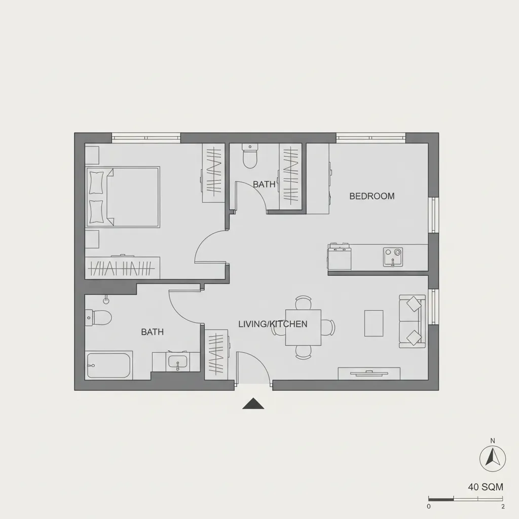 planta arquitetônica casa 40m2 com divisão de ambientes