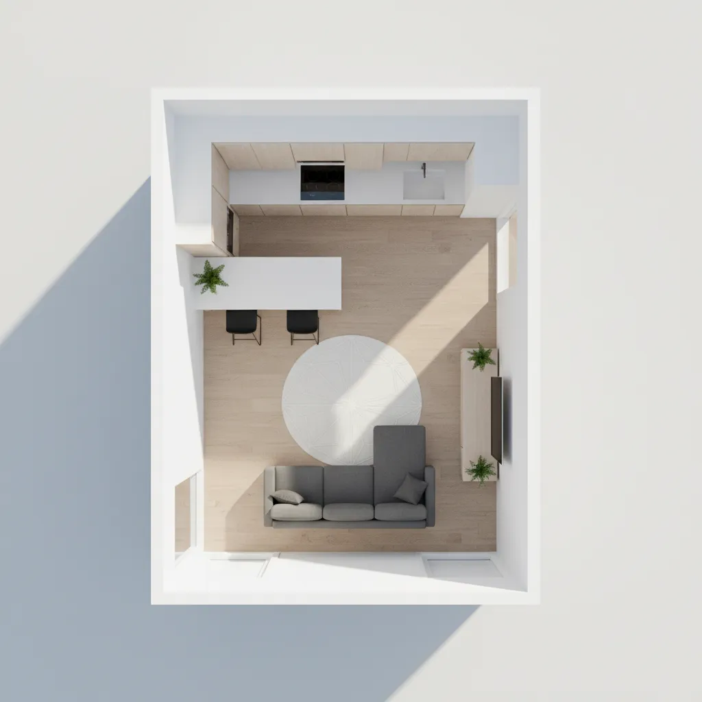 bố trí mặt bằng mở cho nhà 40m2 phòng khách và bếp