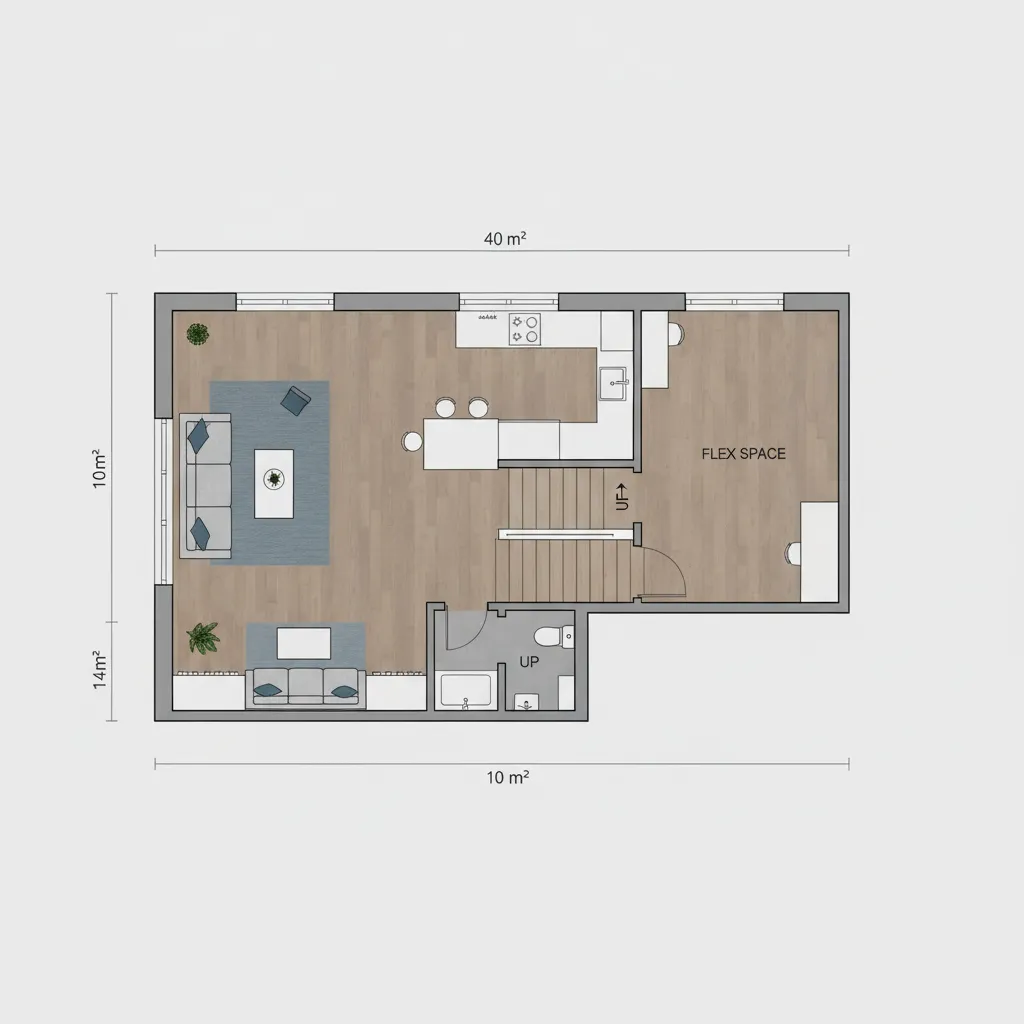Sơ đồ bố trí mặt bằng nhà ống 40m2 với phòng khách bếp và cầu thang