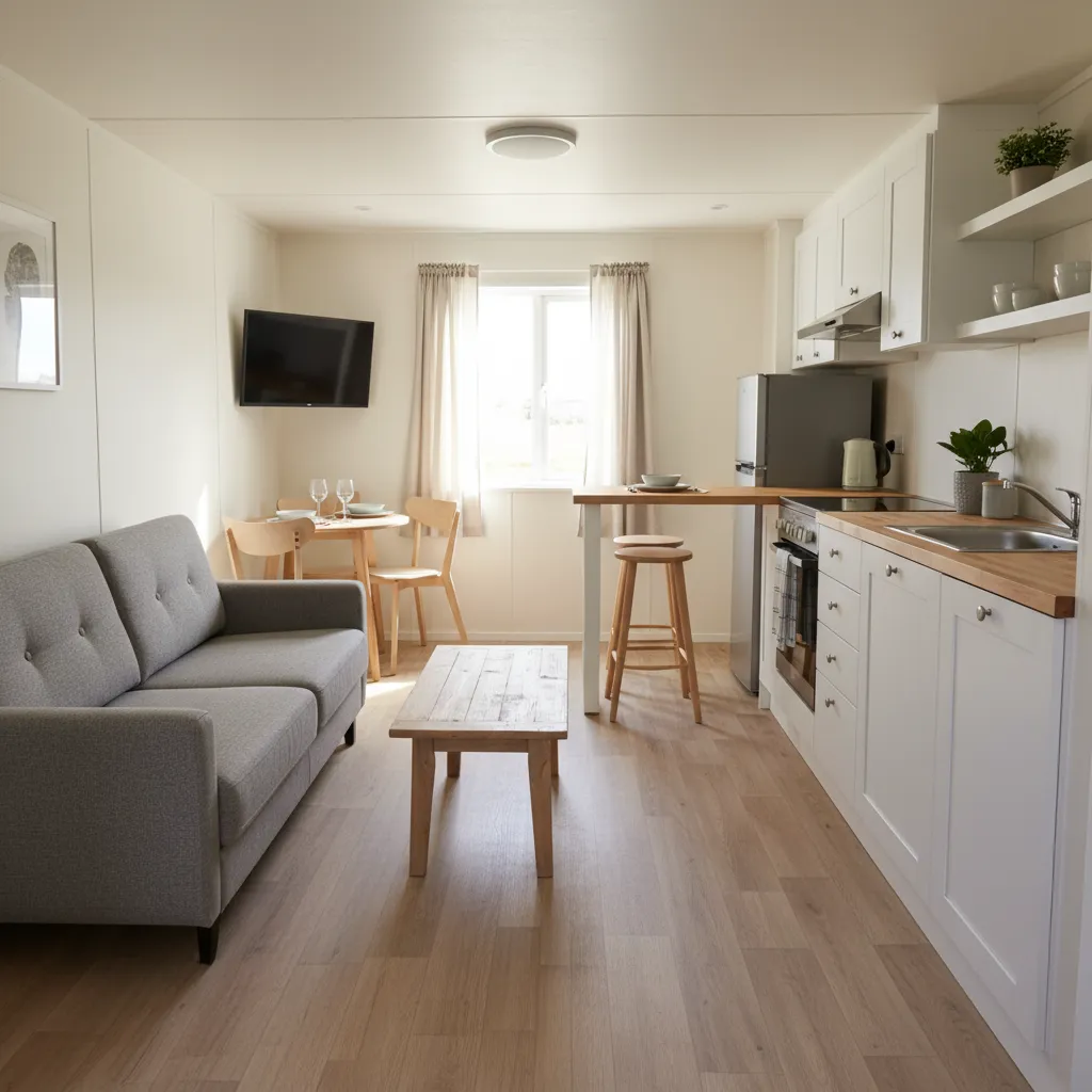interior of a 460 sq ft mobile home showing living room kitchen and hallway layout
