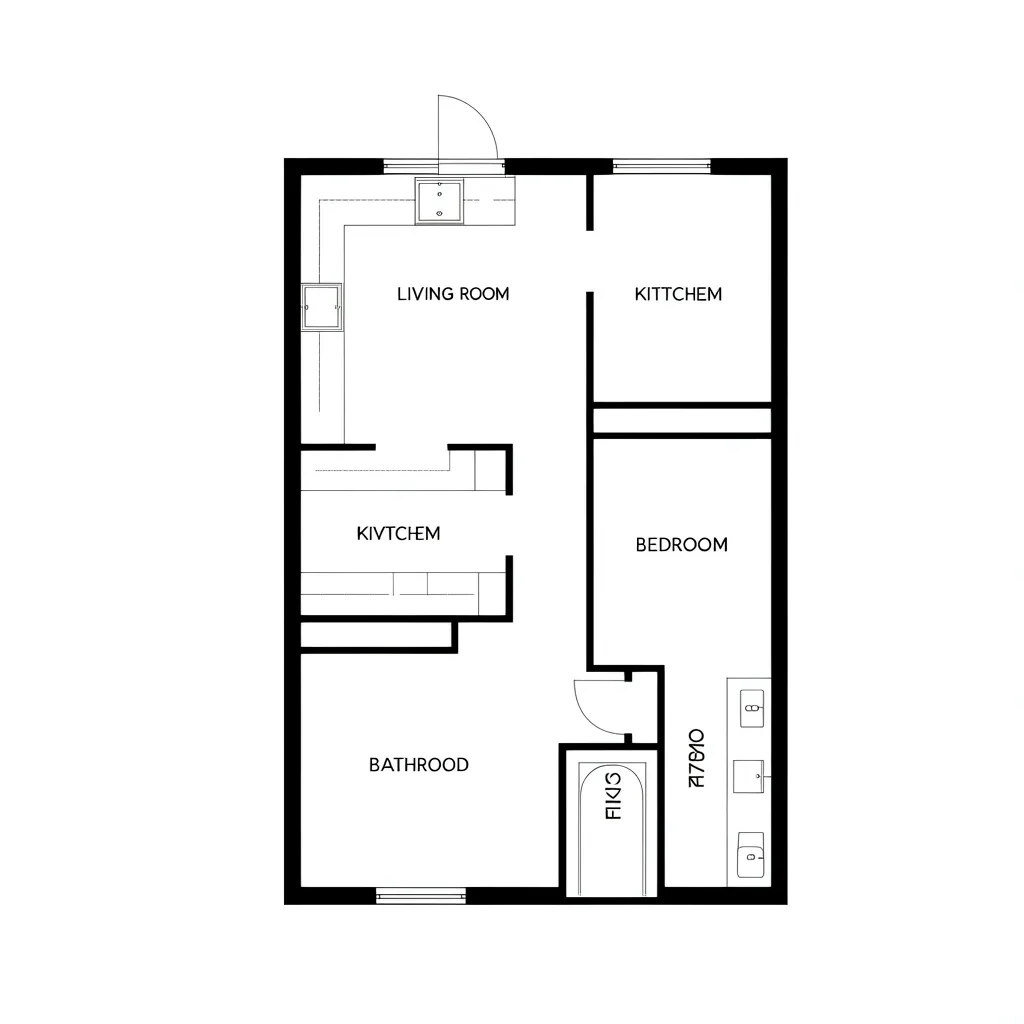 floor plan diagram of a 490 sq ft apartment showing living room kitchen bedroom and bathroom