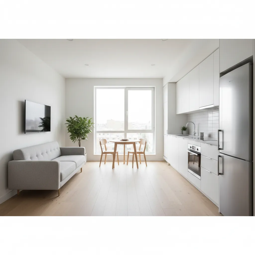 open living and kitchen area in a 490 sq ft apartment layout
