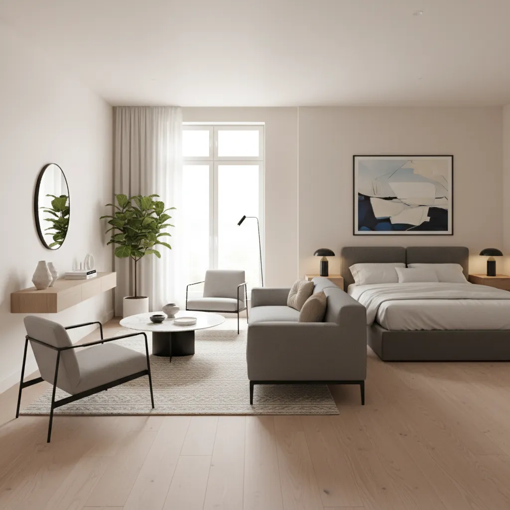 Small apartment with clear living sleeping and dining zones defined by furniture placement