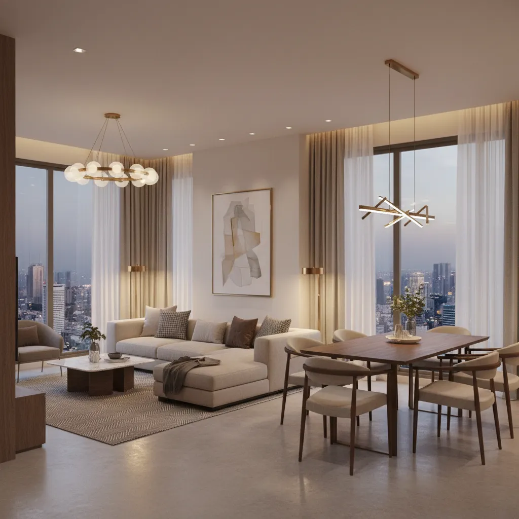 Spacious living and dining layout inside a modern 4 BHK apartment