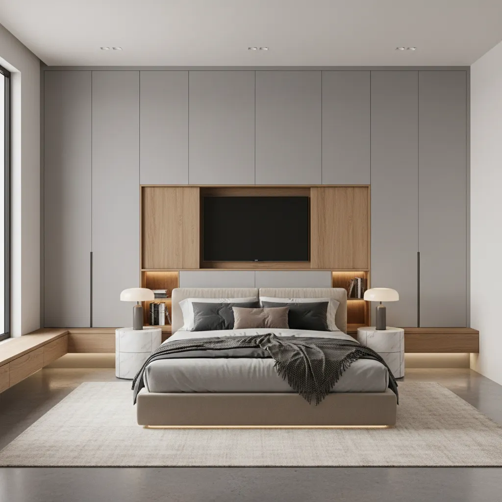 Built-in storage wall and hidden cabinets in a modern apartment bedroom