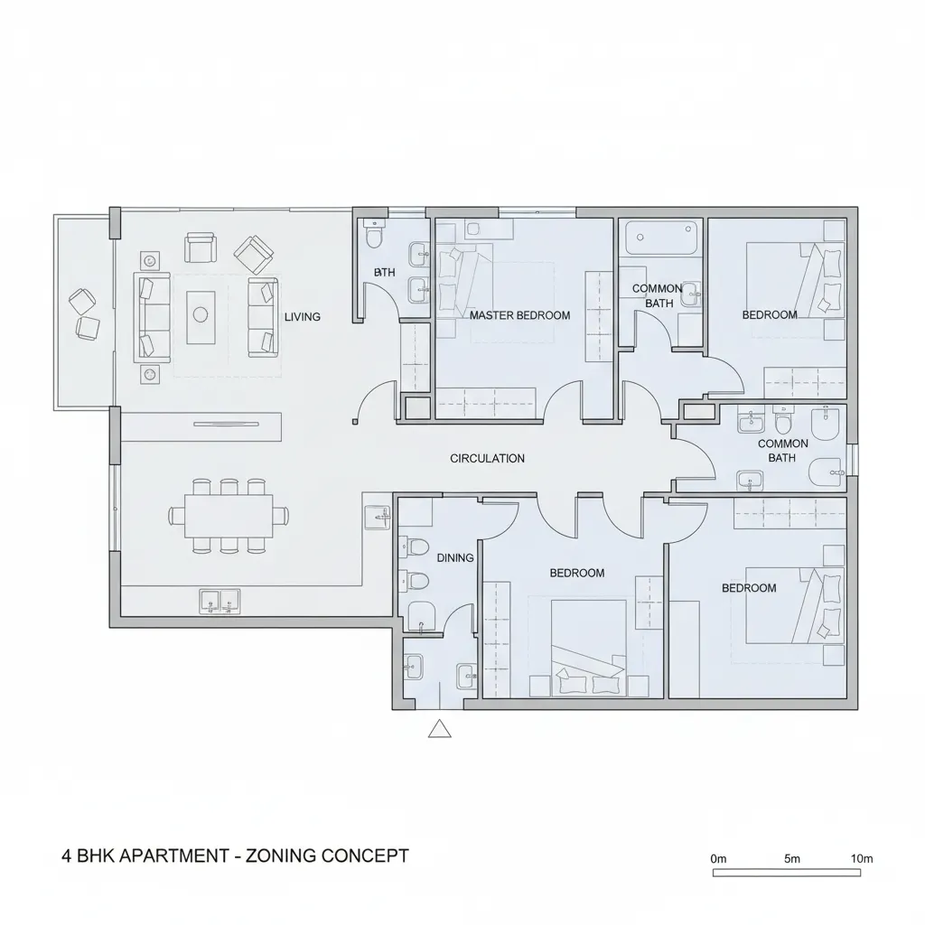 Apartment zoning layout showing public and private areas in a 4 BHK flat