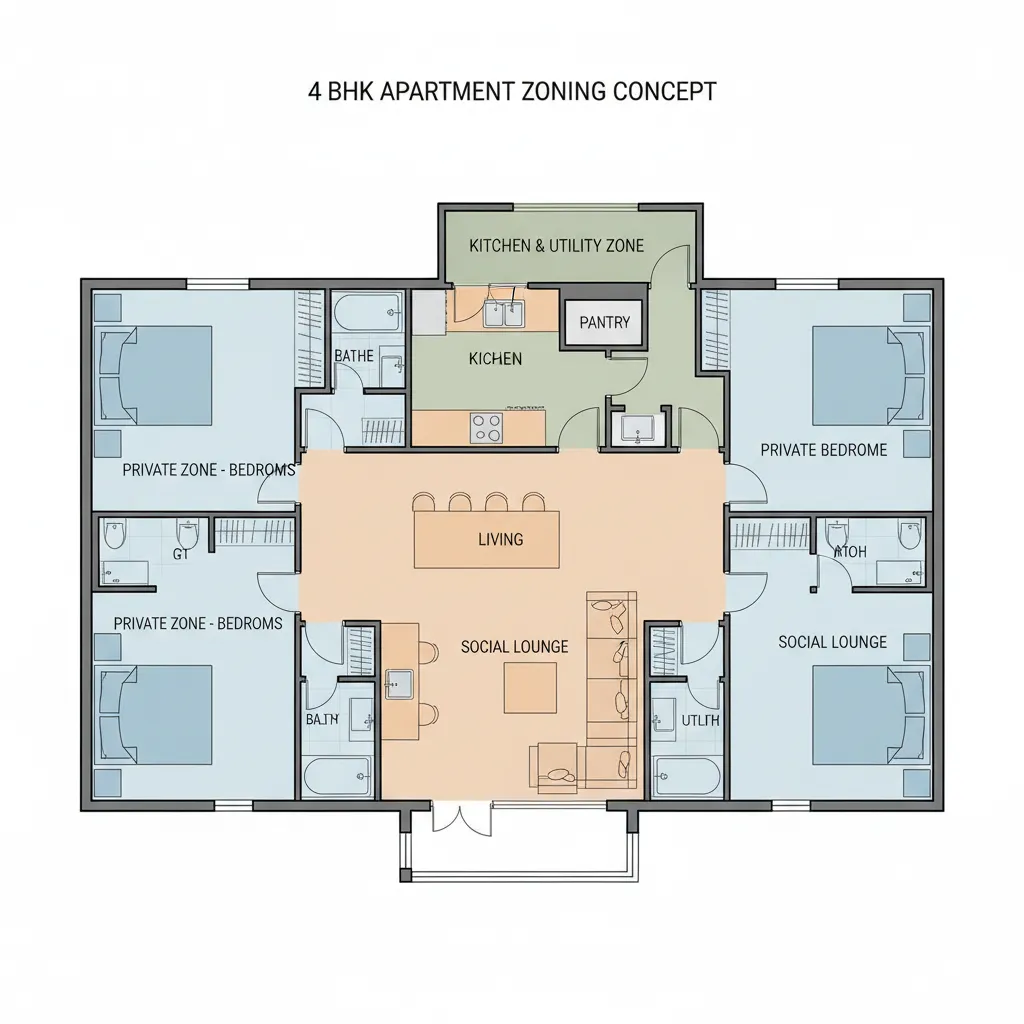 Illustrated zoning layout of a 4 BHK apartment showing social and private zones