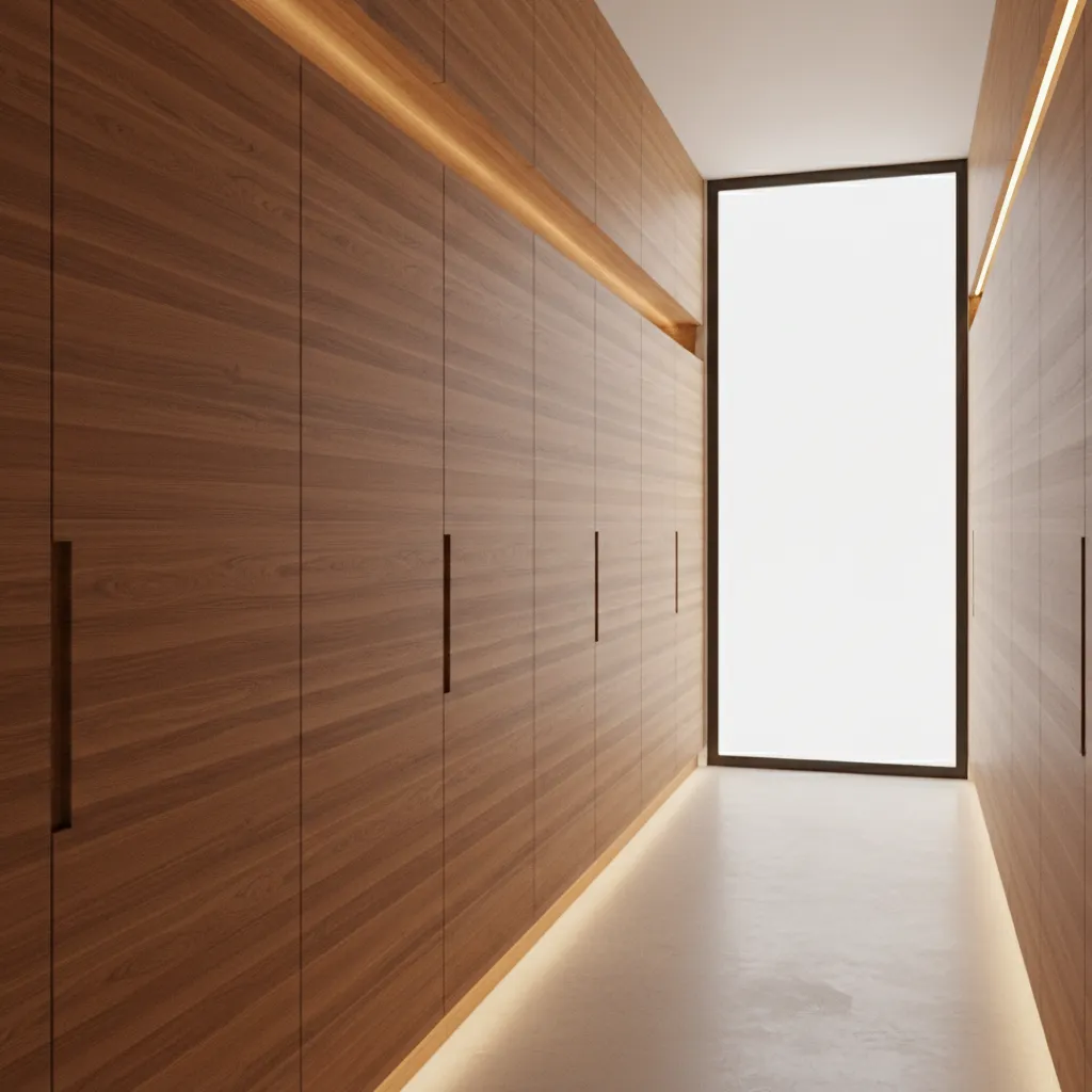 Built in wall storage cabinets in modern 4 BHK home hallway