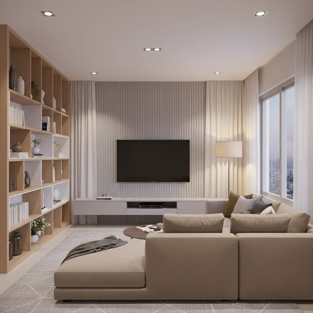 Comfortable family lounge with sofa and TV area inside a large apartment