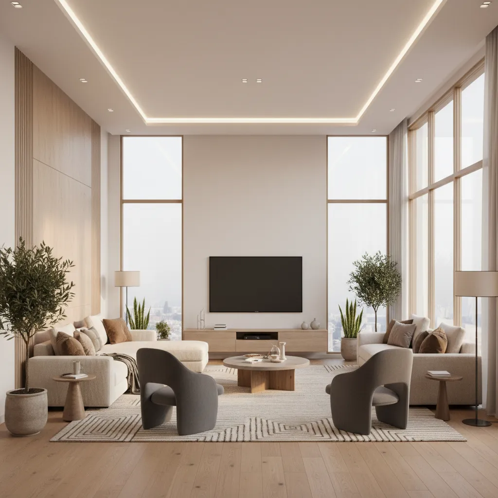Spacious modern living room in a 4 BHK home with sectional sofa and large windows