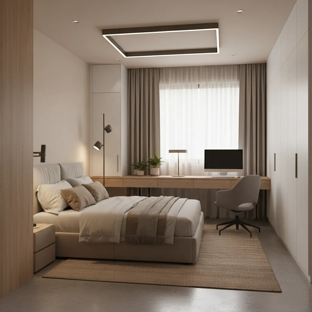 Multifunctional room in a 4 BHK home used as office and guest bedroom