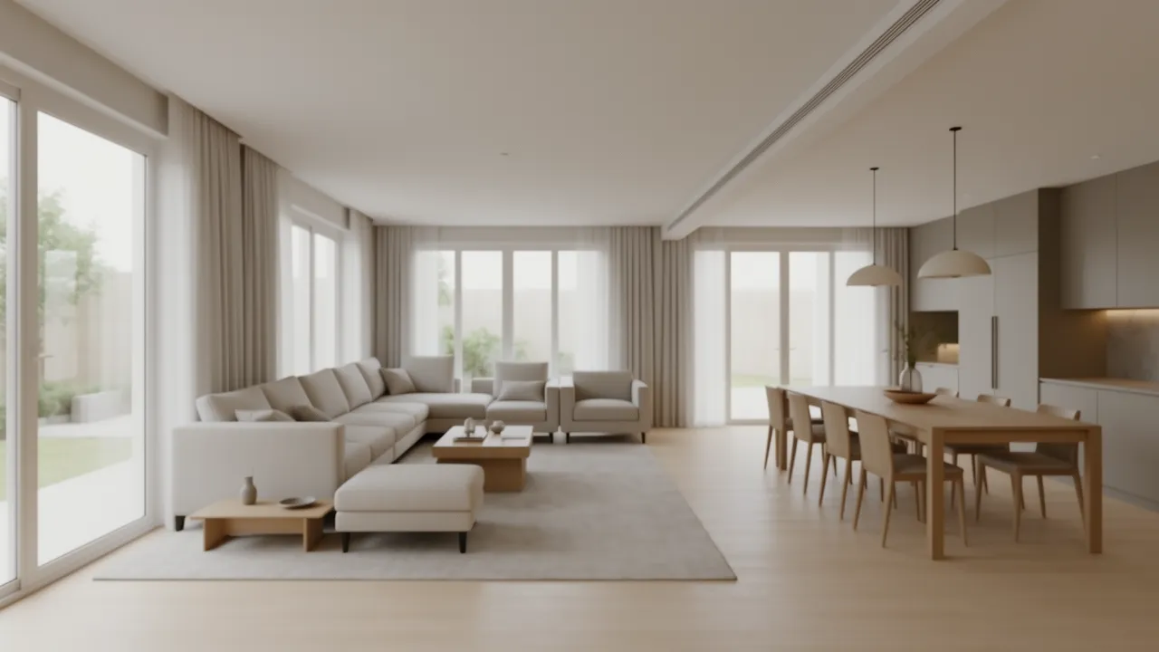 Open living and dining layout in a modern 4 BHK home with connected spaces
