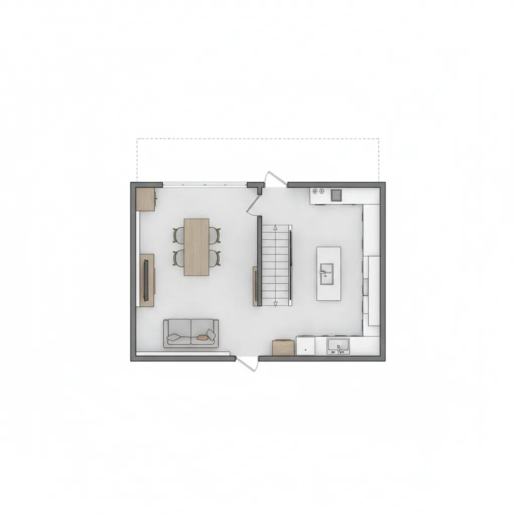 Interior design drawing showing living room sofa dining table central stairs and kitchen with island