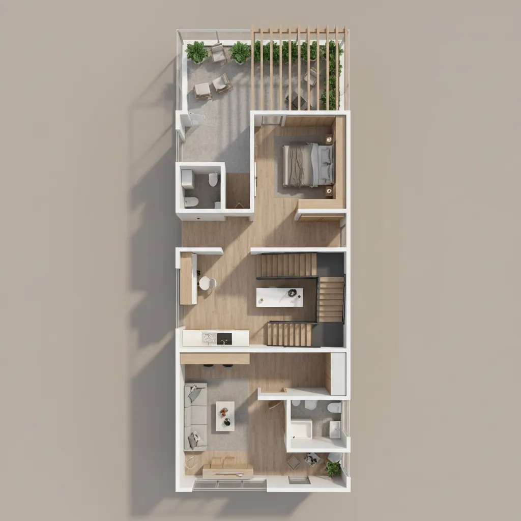 Mặt bằng 3D nhà ống lệch tầng 4x18m